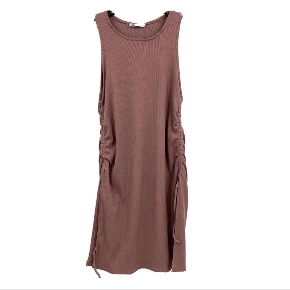 Zara Women’s Ribbed Rouched Bodycon Mini Mauve Dress - Picture 3 of 7